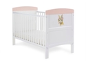 White cot bed with colourful watercolour rabbit design, teething rails included, 3 base height options