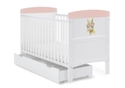 White cot bed with under drawer, colourful watercolour rabbit design, teething rails included, 3 base height options