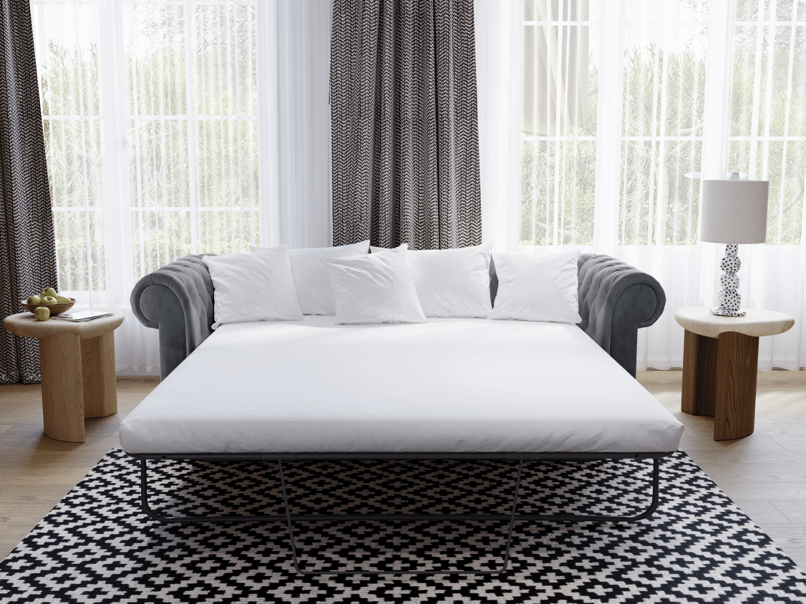 sofa bed that is unfolded into a bed