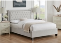 Elegant natural velvet fabric bed frame with button and stud detailing to headboard. Low foot end and stylish dark feet.