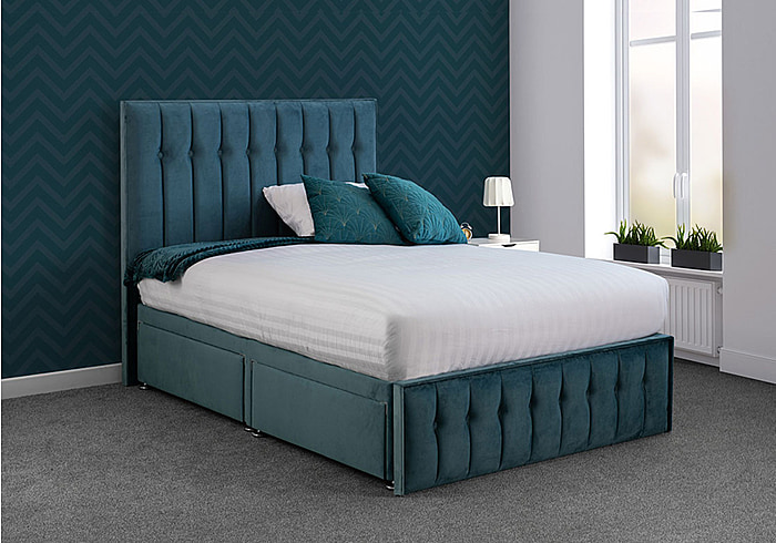 Sweet Dreams Rhythm Fabric Divan Bed Frame Elegant design available in 4 sizes and 12 fabrics drawer and ottoman options