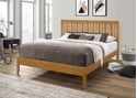 Contemporary wooden bed frame with a modern slatted headboard and tapered legs
