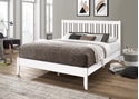 Contemporary white wooden bed frame with a modern slatted headboard and tapered legs