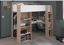 Modern high sleeper bed with wardrobe, desk, large storage unit and shelving. White and oak effect finish.