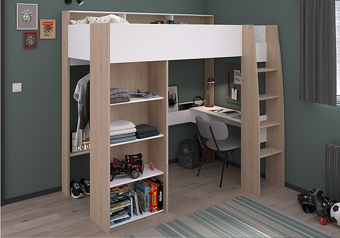Modern high sleeper bed with wardrobe, desk, large storage unit and shelving. White and oak effect finish.