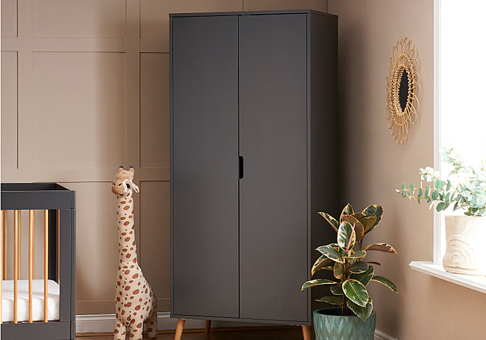Scandinavian style slate grey double wardrobe with 2 hanging rails and shelf and natural finish angled legs.