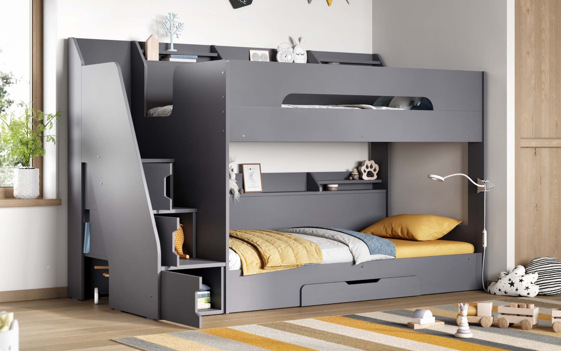 Flair Slick Staircase Bunk Bed Grey With Shelves