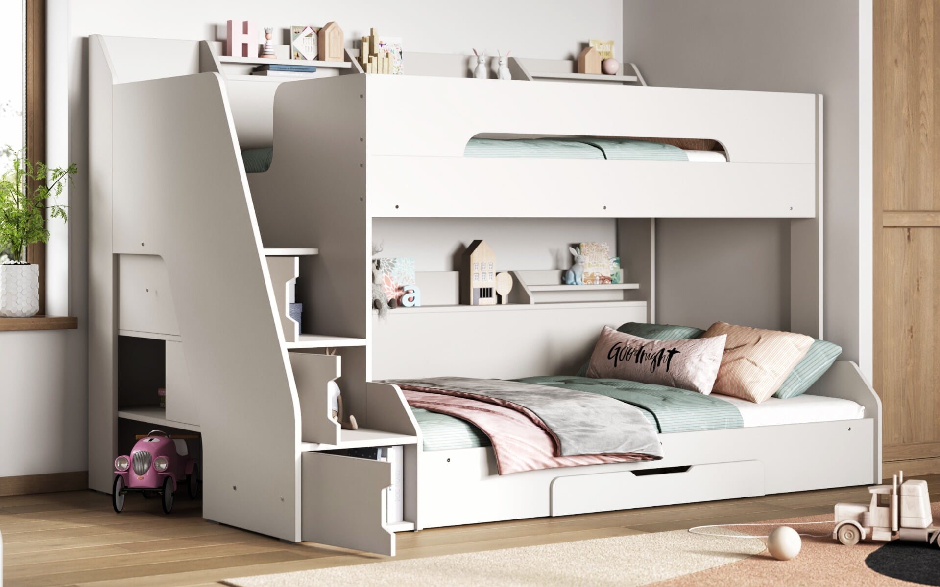 Triple bunk beds with stairs and storage hotsell