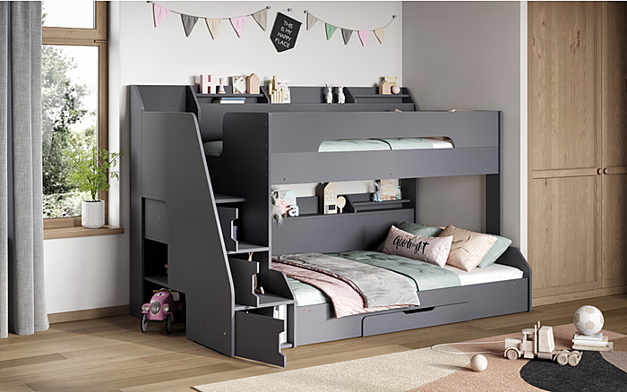 Flair Slick Staircase Triple Bunk Bed Grey With Shelves
