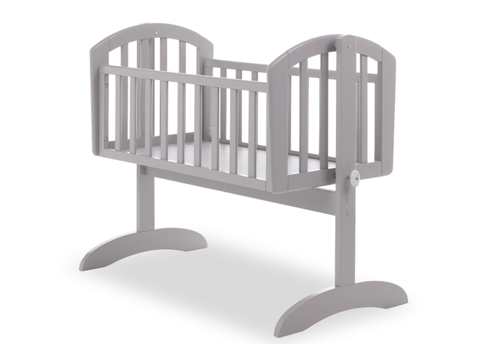 A beautiful warm grey coloured swinging baby crib with open slatted sides.