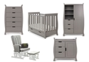 Taupe Grey 5 Piece nursery set, mini cot bed, changing unit, double wardrobe, tall drawer chest and glider chair with stool.