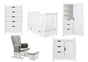 White 5 Piece nursery set, mini cot bed, changing unit, double wardrobe, tall drawer chest and glider chair with stool.