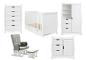 White sleigh style 5 piece room set comprising, tall chest of drawers, cot bed with drawer, double wardrobe, changing unit and glider chair with stool.
