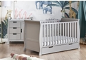 Grey Classic sleigh style cot bed with drawer and changing unit with storage.