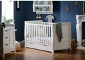 White classic sleigh style cot bed with drawer and changing unit with storage.