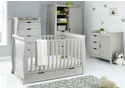 Elegant grey sleigh style 4 piece room set comprising, tall chest of drawers, cot bed with drawer, double wardrobe and changing unit.