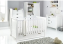 Elegant white sleigh style 4 piece room set comprising, tall chest of drawers, cot bed with drawer, double wardrobe and changing unit.