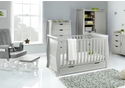 Grey sleigh style 5 piece room set comprising, tall chest of drawers, cot bed with drawer, double wardrobe, changing unit and glider chair with stool.