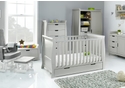 Grey Sleigh style 7 piece nursery set, cot bed, tall chest, double wardrobe, changing unit, toy box, shelf, glider chair with stool.