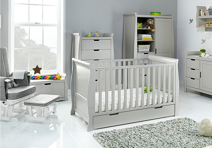 Grey Sleigh style 7 piece nursery set, cot bed, tall chest, double wardrobe, changing unit, toy box, shelf, glider chair with stool.