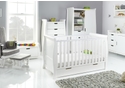 White Sleigh style 7 piece nursery set, cot bed, tall chest, double wardrobe, changing unit, toy box, shelf, glider chair with stool.