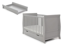Grey traditional sleigh design cot bed with under drawer and cot top changer. Open slatted sides, 3 position base height and teething rails.