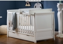 White traditional sleigh design cot bed with under drawer and cot top changer. Open slatted sides, 3 position base height and teething rails.