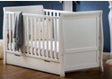 White traditional sleigh design cot bed with under drawer. Open slatted sides, 3 position base height and teething rails.