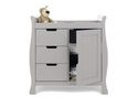 Elegant sleigh style changing unit in a grey finish. three drawers and a full height cupboard with adjustable shelf.