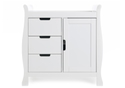 Elegant sleigh style changing unit in a white finish. three drawers and a full height cupboard with adjustable shelf.