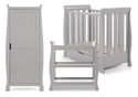 Elegant sleigh design grey 3 piece nursery set. Cot bed with drawer, open changing unit and wardrobe.