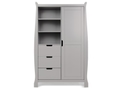 A beautiful sleigh designed double wardrobe in grey, With 2 hanging rails, 3 drawers and 3 open shelves.