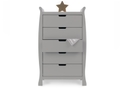 Elegant sleigh design 5 drawer tall chest with a warm grey finish with recessed handles.