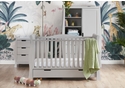Luxury grey 3 piece sleigh design nursery set. Includes cot bed with drawer, double wardrobe and changing unit with storage.