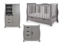 Luxury taupe grey 3 piece sleigh design nursery set. Includes cot bed with drawer, double wardrobe and changing unit with storage.