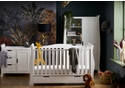 Luxury white 3 piece sleigh design nursery set. Includes cot bed with drawer, double wardrobe and changing unit with storage.