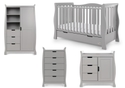 Luxury 4 Piece sleigh style room set in grey. Cot bed, double wardrobe, tall drawer chest and changing unit.