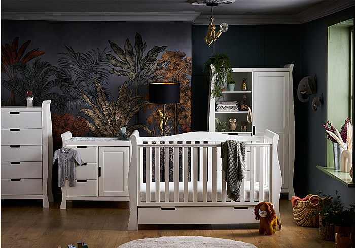 Luxury 4 Piece sleigh style room set in white. Cot bed, double wardrobe, tall drawer chest and changing unit.