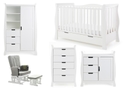 Luxury white sleigh style 5 piece room set. Cot bed with drawer, double wardrobe, tall drawer chest, changing unit and glider chair with stool.