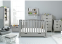 Luxury grey 7 piece room set in an elegant sleigh design. Cot bed, tall drawers, changing unit, double wardrobe, toy box, shelf and glider chair.