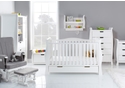 Luxury white 7 piece room set in an elegant sleigh design. Cot bed, tall drawers, changing unit, double wardrobe, toy box, shelf and glider chair.