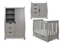 Traditional grey sleigh style 3 piece nursery set, mini cot bed with drawer, changing unit with storage and double wardrobe.