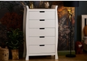 Elegant sleigh design 5 drawer tall chest with a white finish with recessed handles.