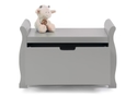 Elegant grey sleigh style toy box with one large drawer and recessed handle.