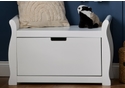 Elegant white sleigh style toy box with one large drawer and recessed handle.