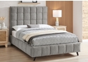 Contemporary Grey boucle fabric bed frame. The bed features a tall square stitched headboard and matching base with modern splayed legs.