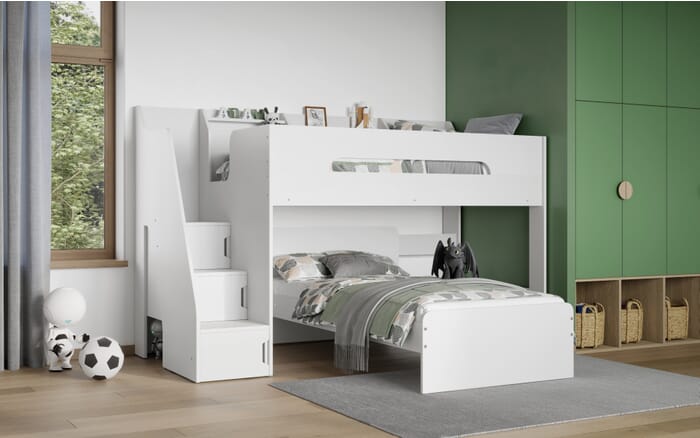 Flair Stepaside Staircase L Shaped Bunk Bed with Shelves in White