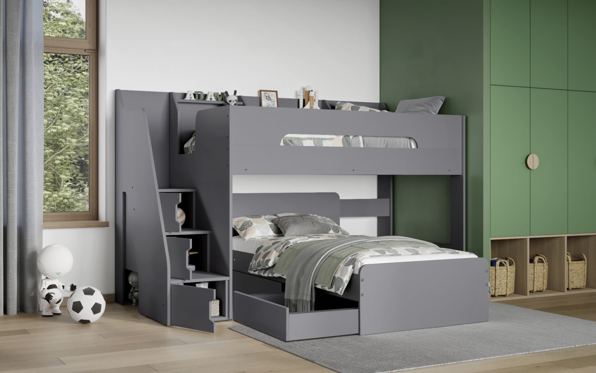 Grey bunk outlet bed with stairs