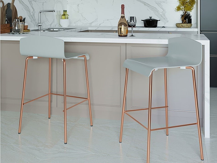 Flair Syrus Barstool Grey and Copper retro design grey painted plywood curved seats copper legs