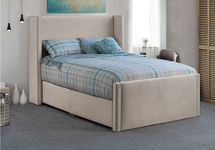 Sweet Dreams Tallis Divan Bed Frame, modern design, winged headboard available in 3 sizes 12 fabric options